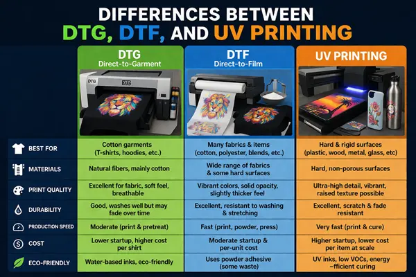 Differences Between Direct-to-Garment (DTG), Direct-to-Film (DTF), and UV Printing